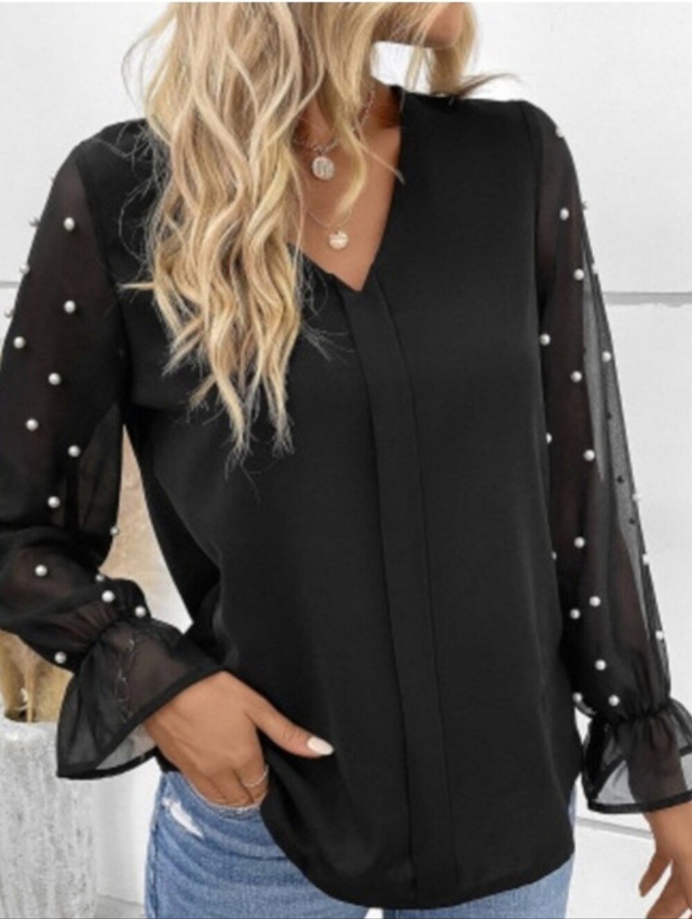 NWOT XL The Boutique Lab Tiana pearl sheer v-neck blouse
